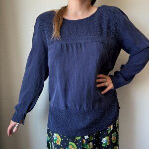 PRICE FIRM Vintage 80s Wild Rose Deep Blue Navy Silk Textured Blouse Large
